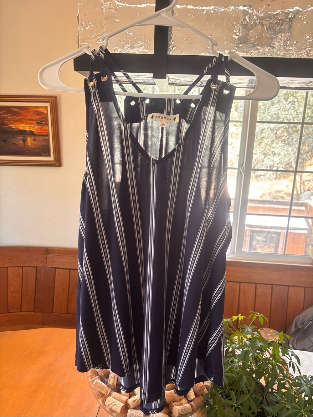Agenda sleeveless tank top, navy blue and white stripe XL